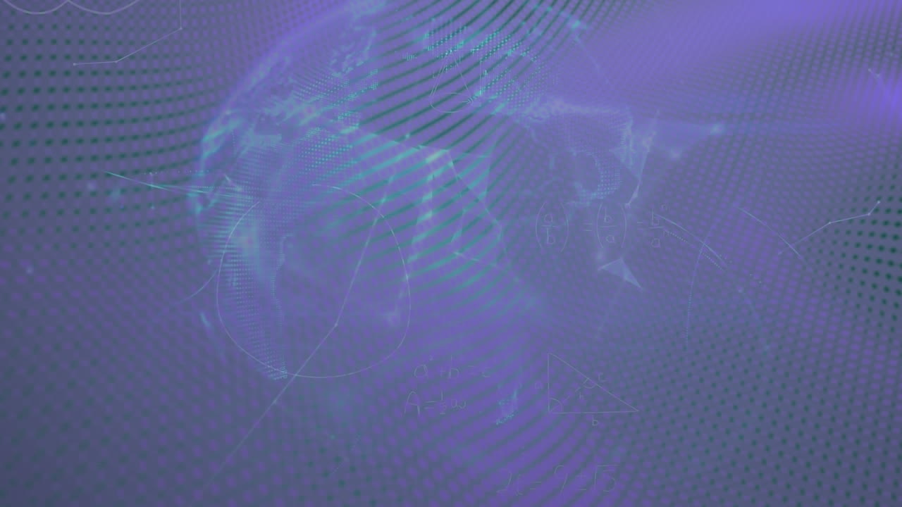 animación de formas, globos y fórmulas matemáticas en espacio púrpura.