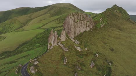 panoramic drone shot of rocha dos frades in flores island azores, aerial