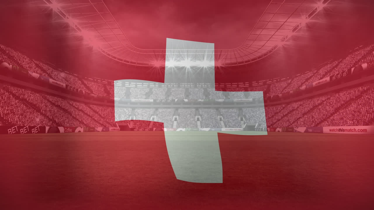 스포츠 경기장 위에 스위스 국기가 흔들리는 애니메이션