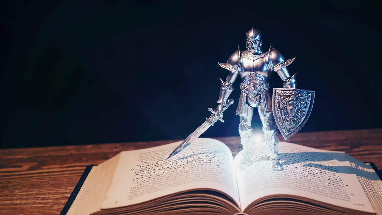 Uma foto em ângulo baixo de uma estatueta de cavaleiro em cima de um livro aberto, dramaticamente iluminada
