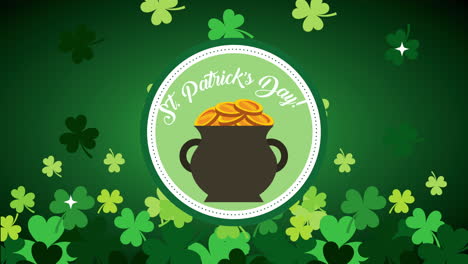 st patricks day animated card with treasure cauldron and clovers