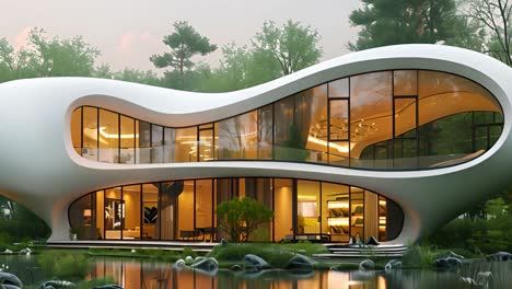 futuristic organic house by a serene pond