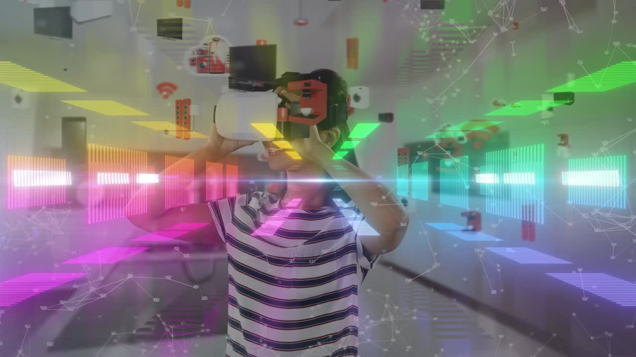 활기찬 네온 배경에 vr 헤드 ⁇ 을 착용 한 여성의 애니메이션