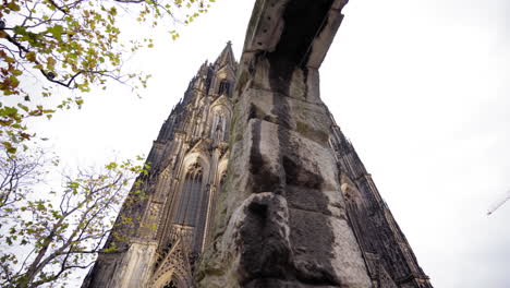 a majestic view of the cologne cathedral's twin spires framed by autumn leaves and ancient stonework, showcasing its intricate gothic architecture under a cloudy sky