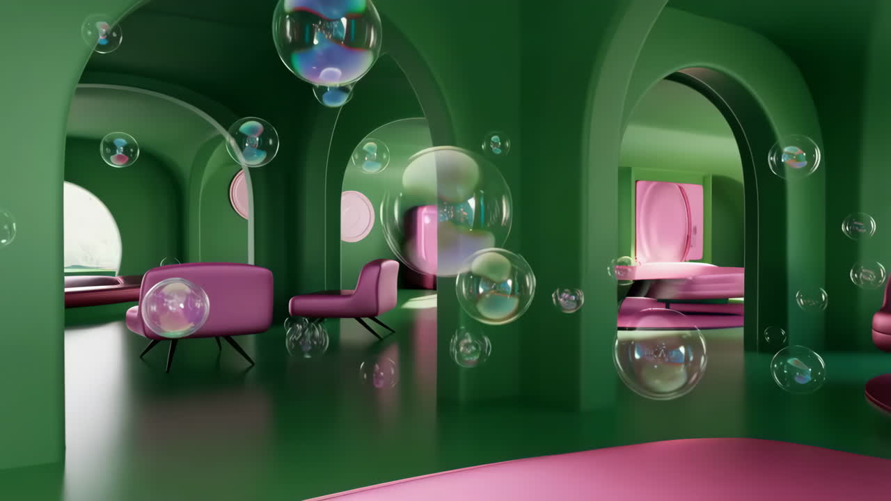 Vibrant Green and Pink Interior with Floating Bubbles