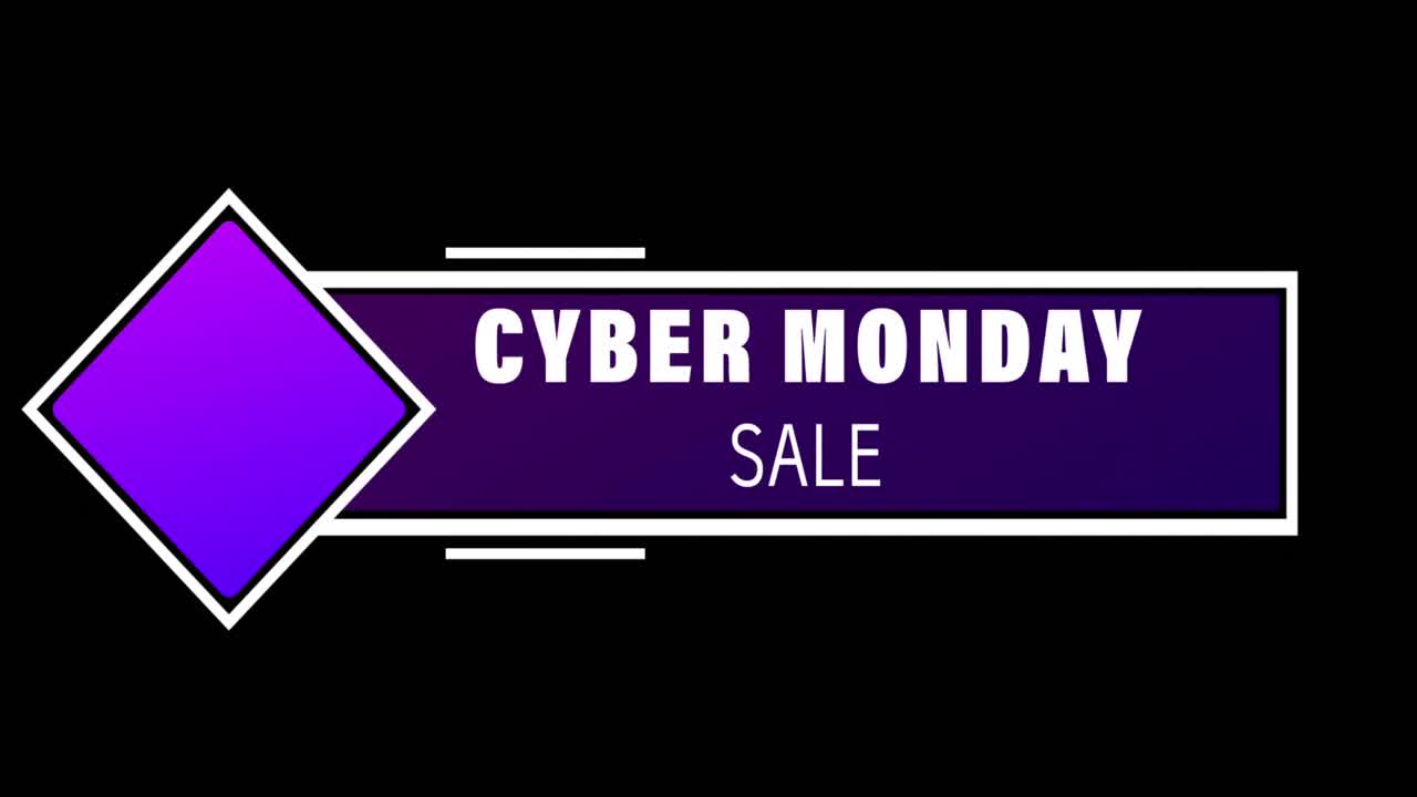 texto de venta de cyber monday blanco y púrpura que aparece contra una pantalla negra
