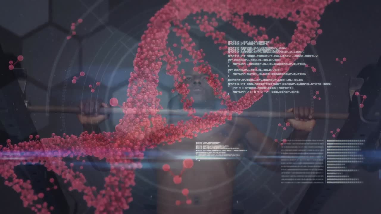 animación de la cadena de adn sobre un hombre musculoso haciendo ejercicio en el gimnasio