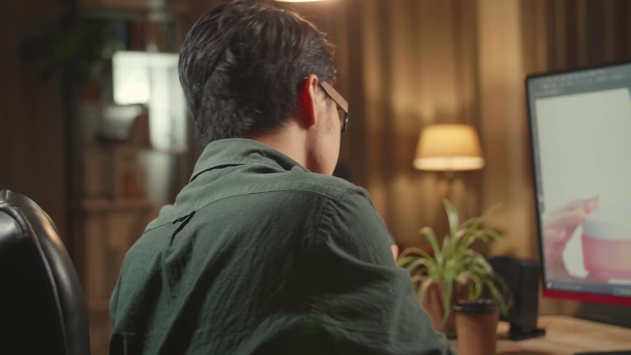 Asian Male Digital Editor Start Works In Photo Editing Software On His Personal Computer With Big Display, He Works At Night