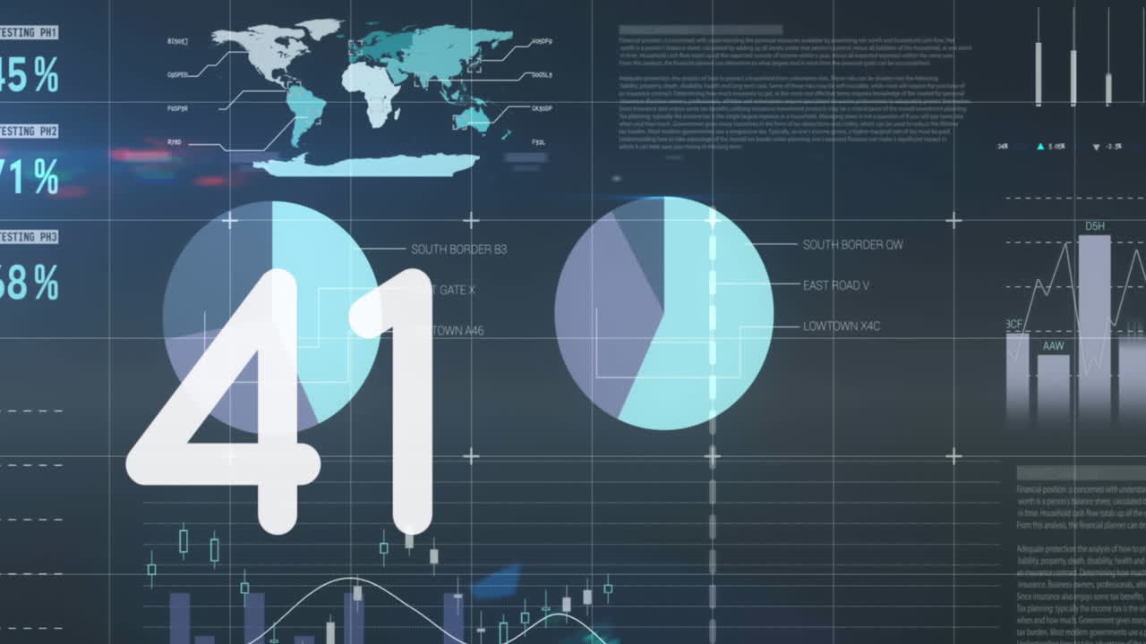 animación de números crecientes y procesamiento de datos estadísticos contra un fondo azul