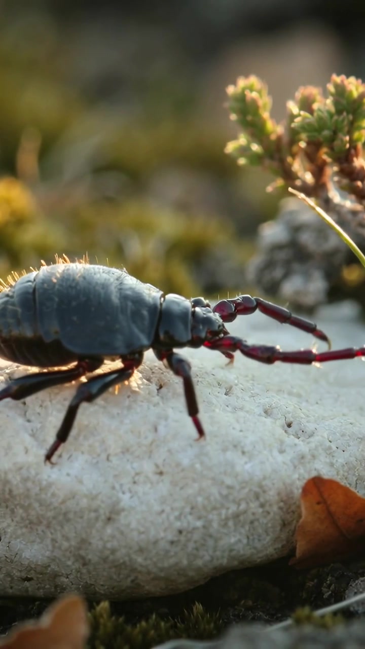 Vertical video: Red pedipalps probing, dark arthropod walking across pale stone at moss, searching