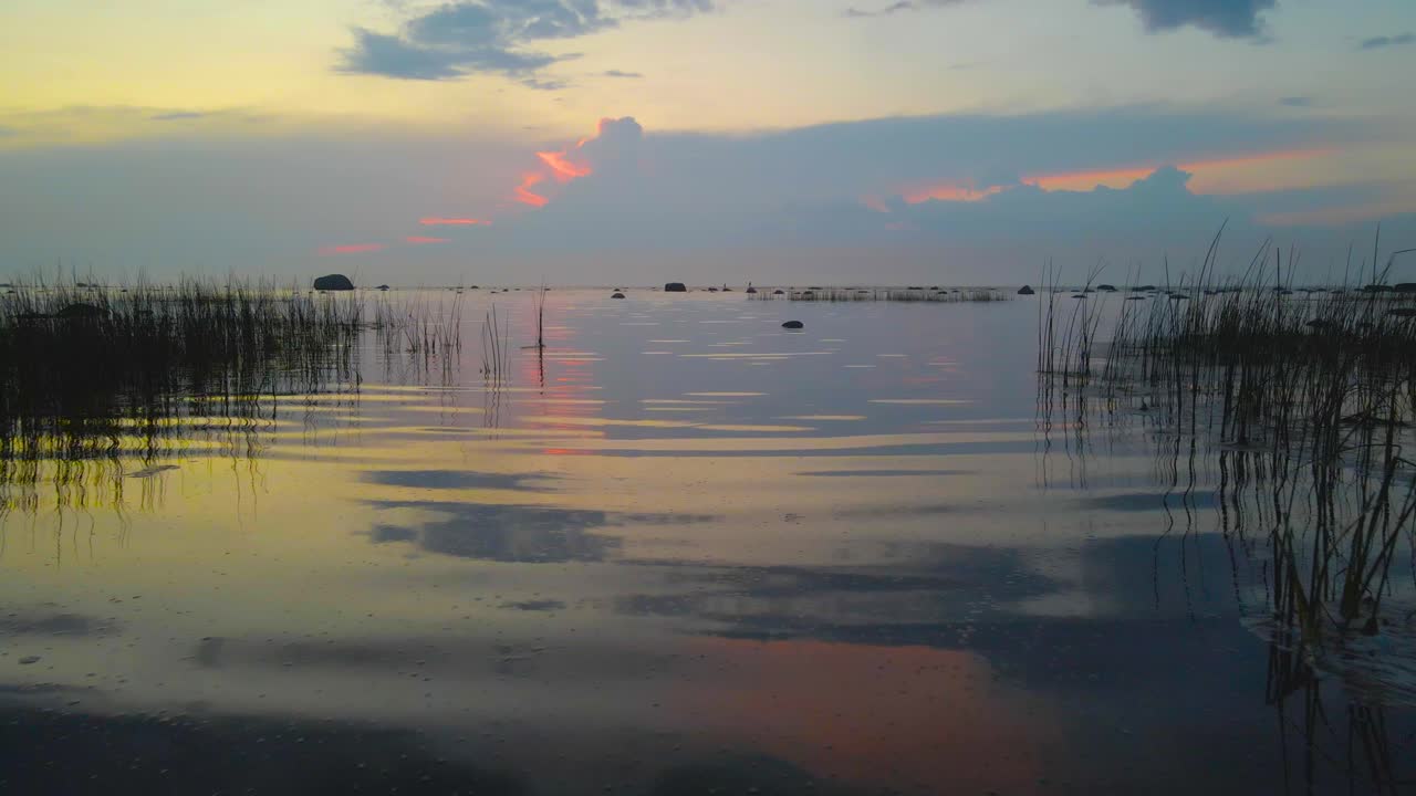 Low drone glide through coastal reeds over calm shallow sea at sunset, with orange-pink sky reflections and gentle ripples toward the horizon