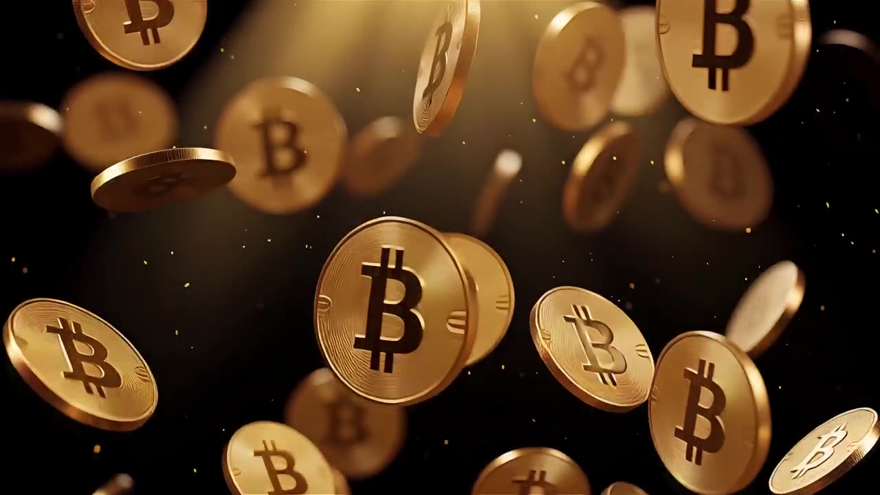 Bitcoin in rotazione su sfondo nero drammatico 4k