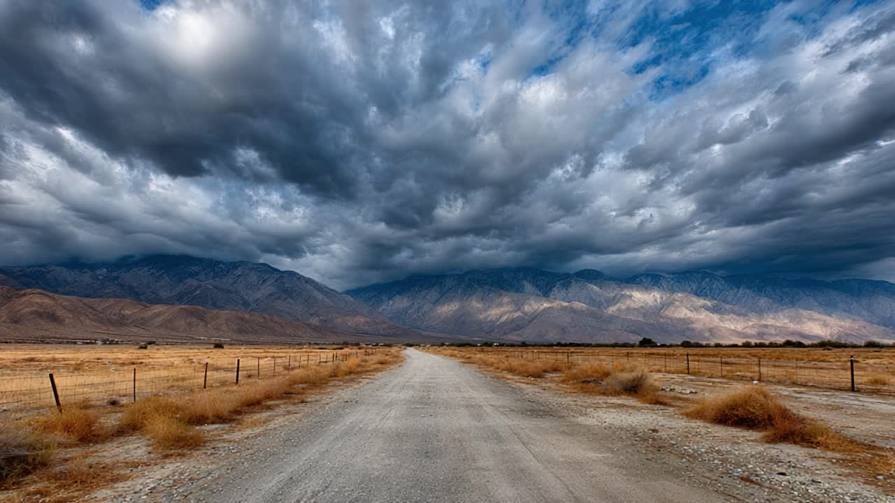 A Dramatic Landscape Featuring a Gritty Dirt Road Under Ominous Clouds Amidst Rolling Mountains and Dried Grassy Fields Captured in Stunning Detail