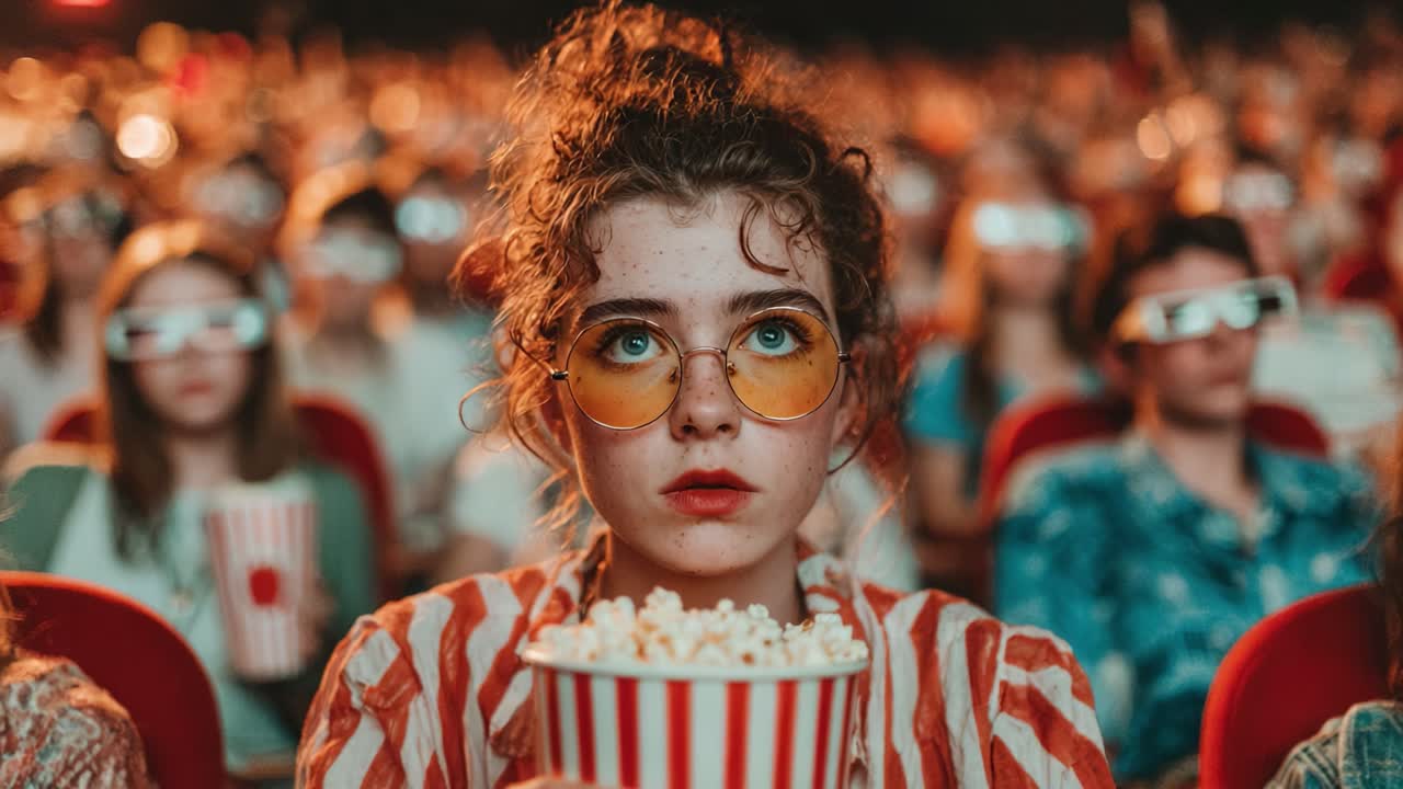 Audiência Cativada Desfrutando de uma Experiência Cinematográfica: um vislumbre da emoção cinematográfica enquanto os espectadores se deliciam com pizza e pipoca.