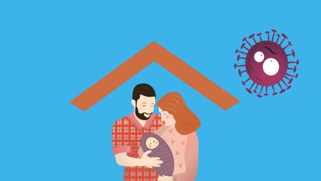 animation of illustration of happy parent holding baby under roof, with covid cells on blue