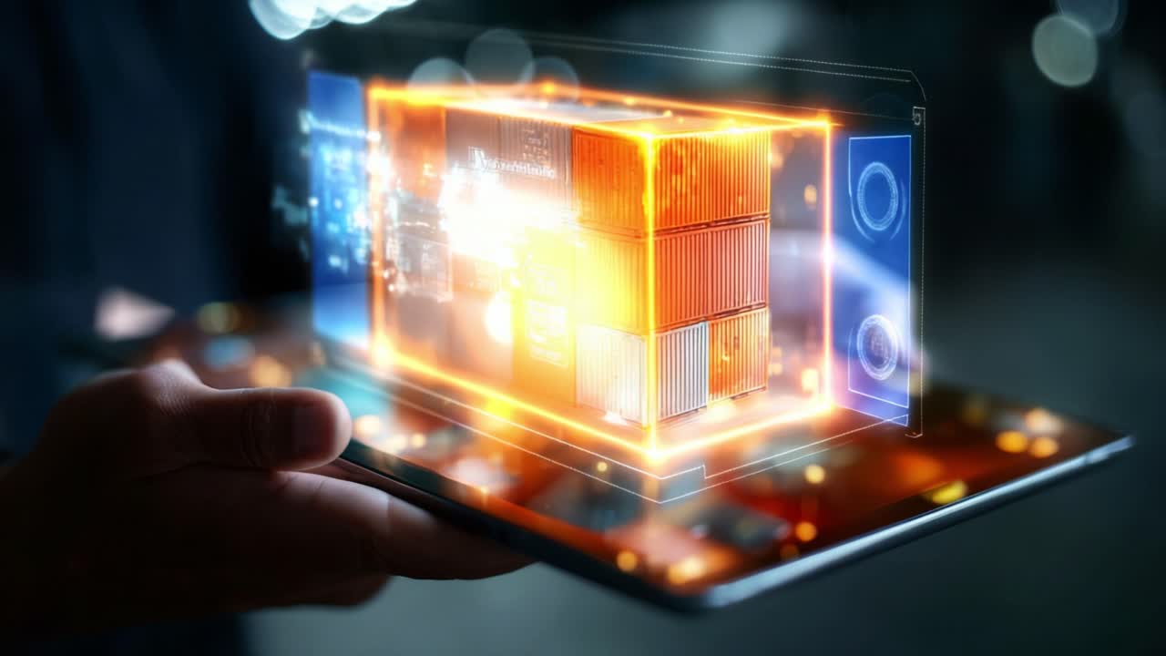 A person holding a tablet displaying a glowing, holographic representation of a shipping container, showcasing digital innovation and modern logistics technology in a futuristic setting