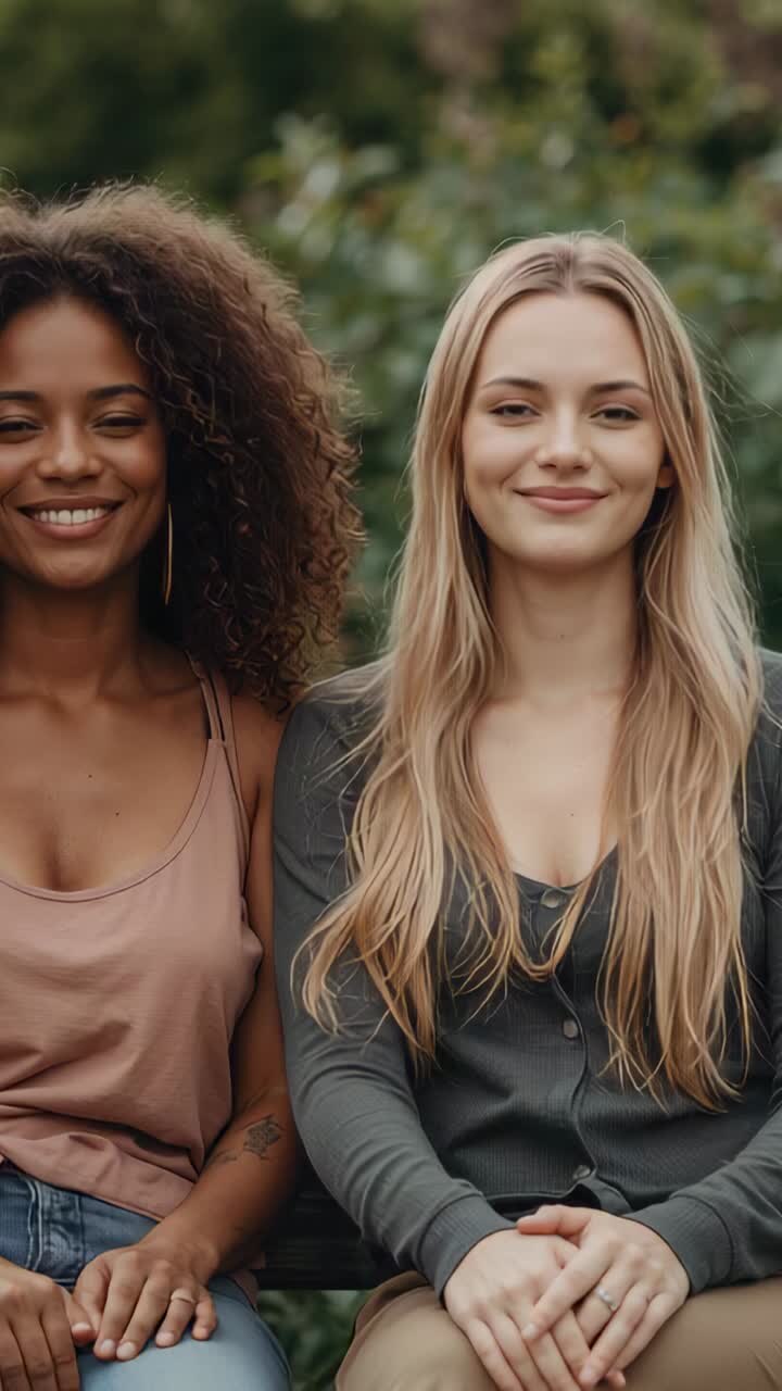 Vertikales Video: Zwei lächelnde Frauen sitzen auf einer Bank, die Kamera klickt, posieren, Creolen sichtbar
