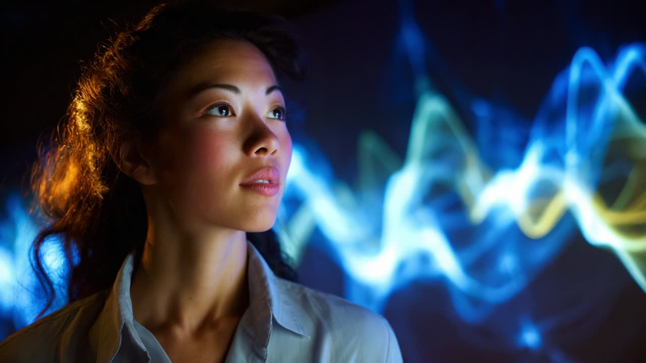 A Thoughtful Young Woman Gazes into the Distance Against a Vibrant Abstract Background, Embodying Curiosity and Contemplation in a Dynamic, Technologically Inspired Environment