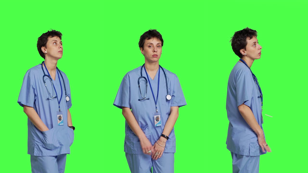 스트레스 를 받는 간호사 는 경비 시간 을 확인 하고 환자 가 검사 에 도착 할 때 를 기다린다