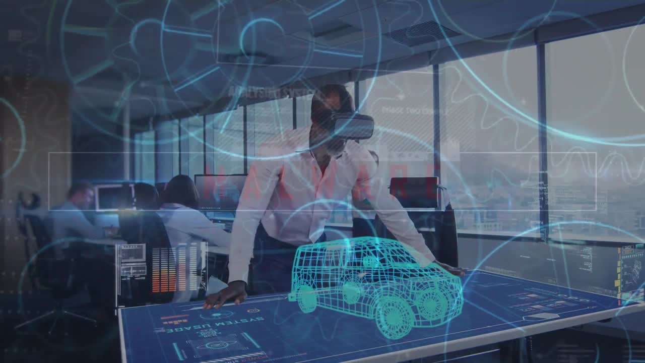 animación de escáneres redondos contra un hombre de negocios afroamericano que usa auriculares vr.