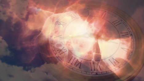 animation of clock face with dramatic clouds and lightning effects in sky