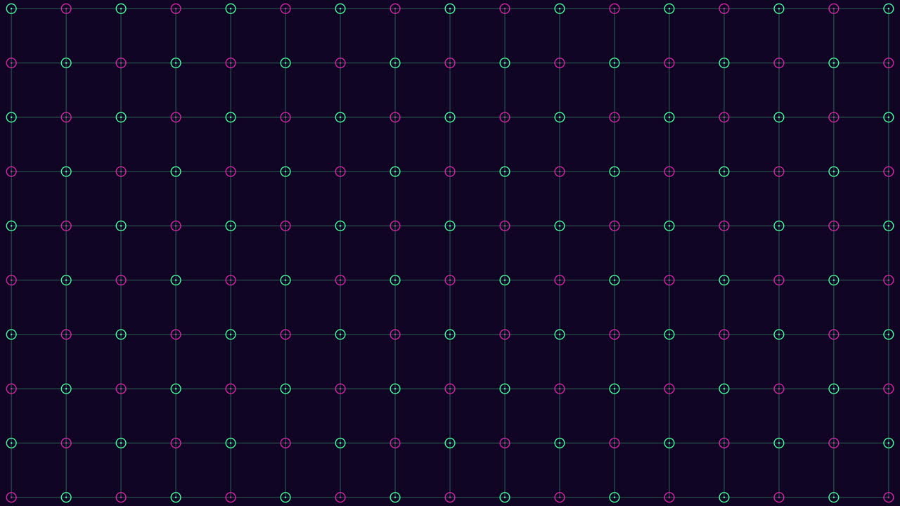 ネオンの幾何学的なリングが並んだデジタル グリッド