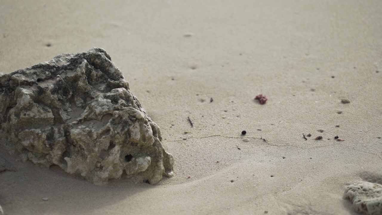 океанские волны врезаются в скалы на песчаном тропическом пляже.