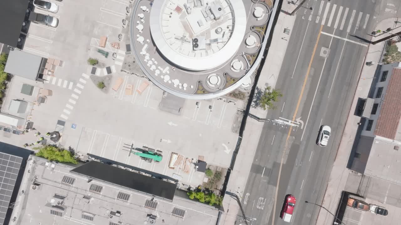 4K Aerial footage of new Tesla Diner in Hollywood, almost completed, in July 2025. Los Angeles, California, USA