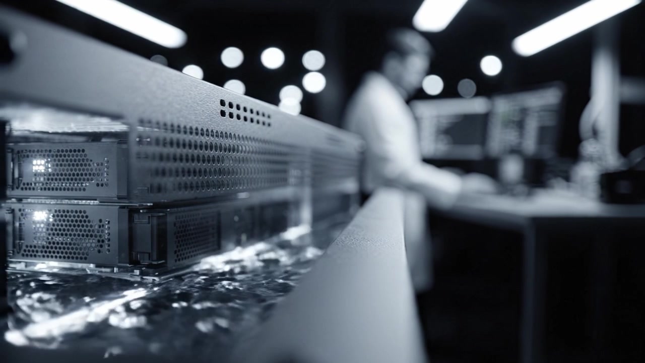 Close-up of advanced computing systems in a high-tech lab, featuring a researcher at the workstation engaged in data analysis and digital innovation.