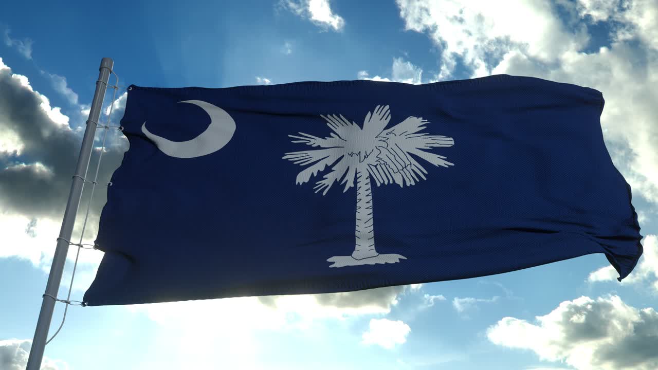 Flag of South Carolina waving in the wind against deep beautiful clouds sky