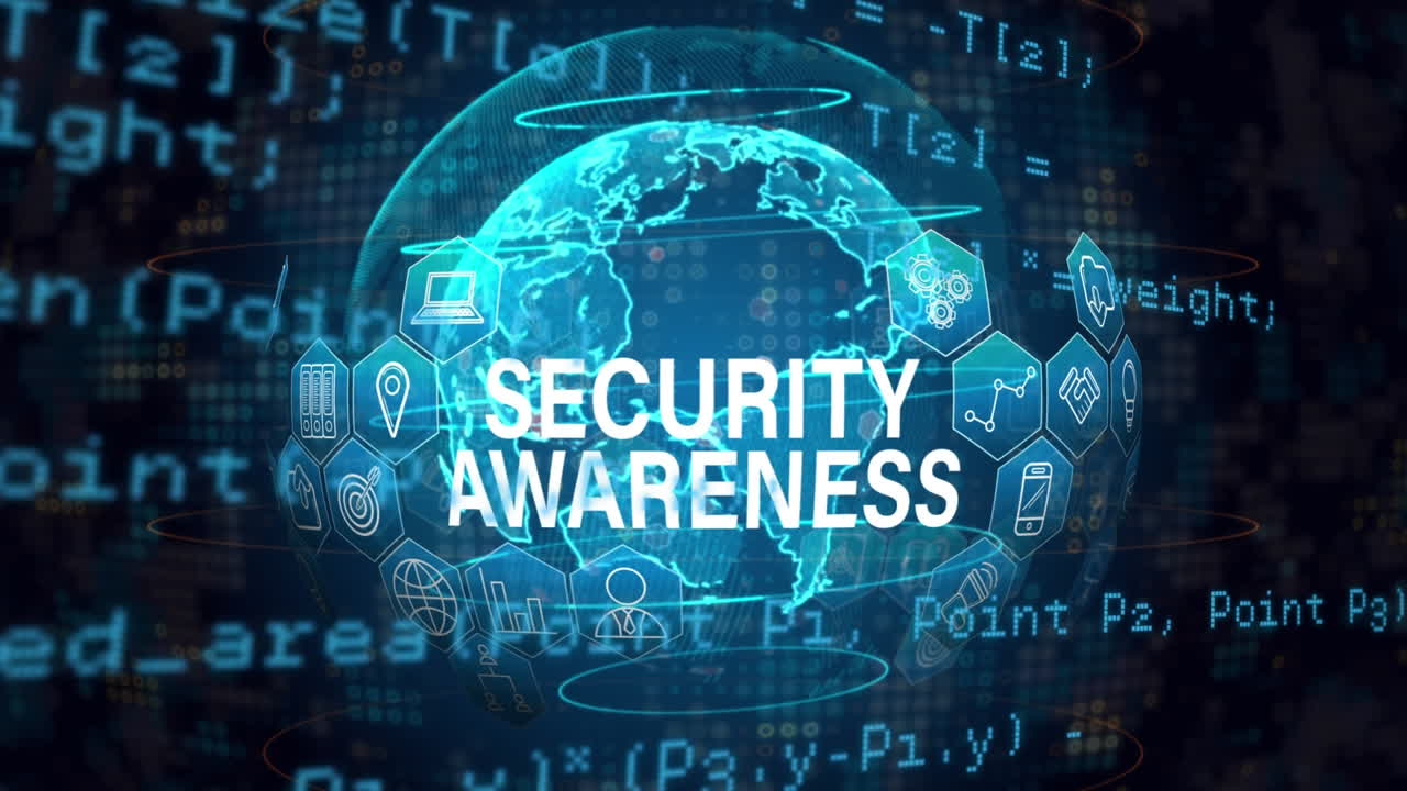 Animation of security awareness text over globe and data processing