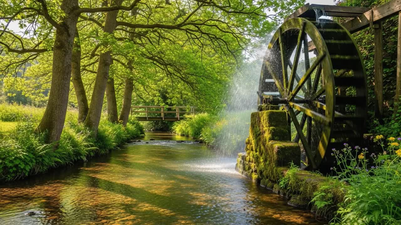 A Serene Watermill Scene: Nature's Beauty Captured in the Gentle Flow of Water and the Vibrant Greenery Surrounding a Historic Waterwheel