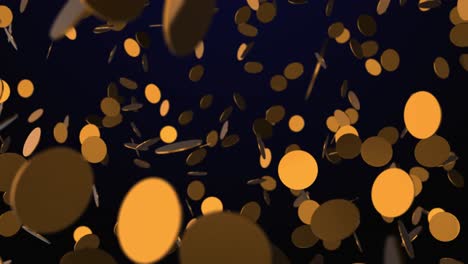 animation of a large amount of golden coins falling down on a blue background fading over to black