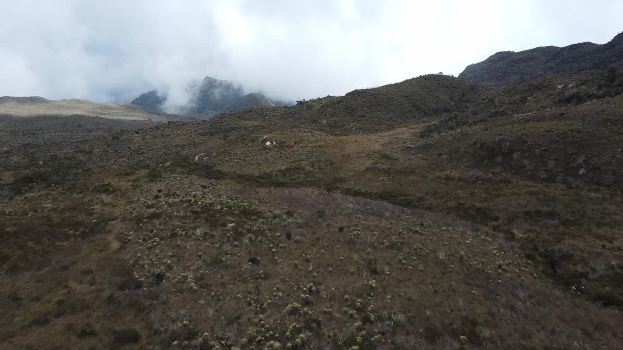 Aerial view of a campsite on the plateau of P&aacute;ramo del Sol in the northern Andes in Colombia