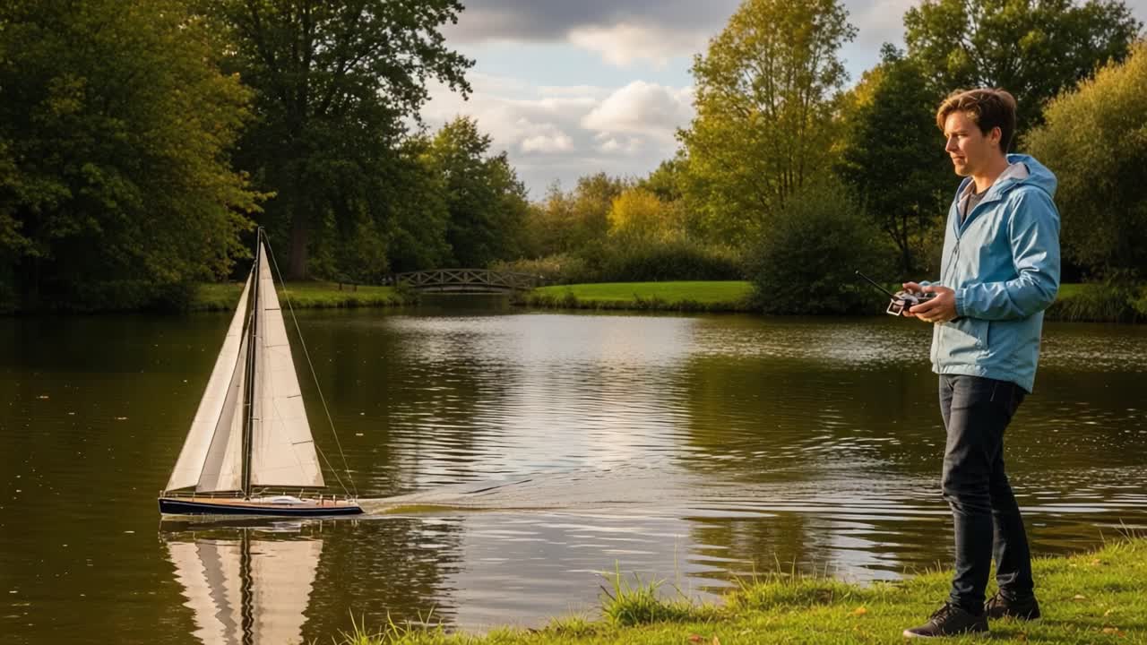 A Young Man Controls a Remote Sailing Boat on a Tranquil Lake Surrounded by Lush Green Trees and a Dramatic Sky, Perfect for Relaxation and Outdoor Fun