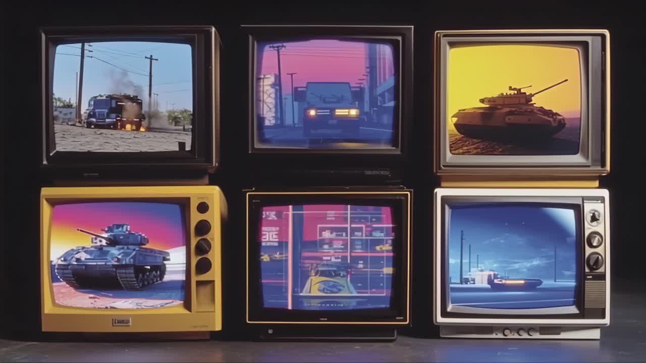 Stack of vintage CRT televisions in a dark studio, each screen showing tanks, armored vehicles, explosions and neon cyberpunk cityscapes, blending retro technology with futuristic warfare themes