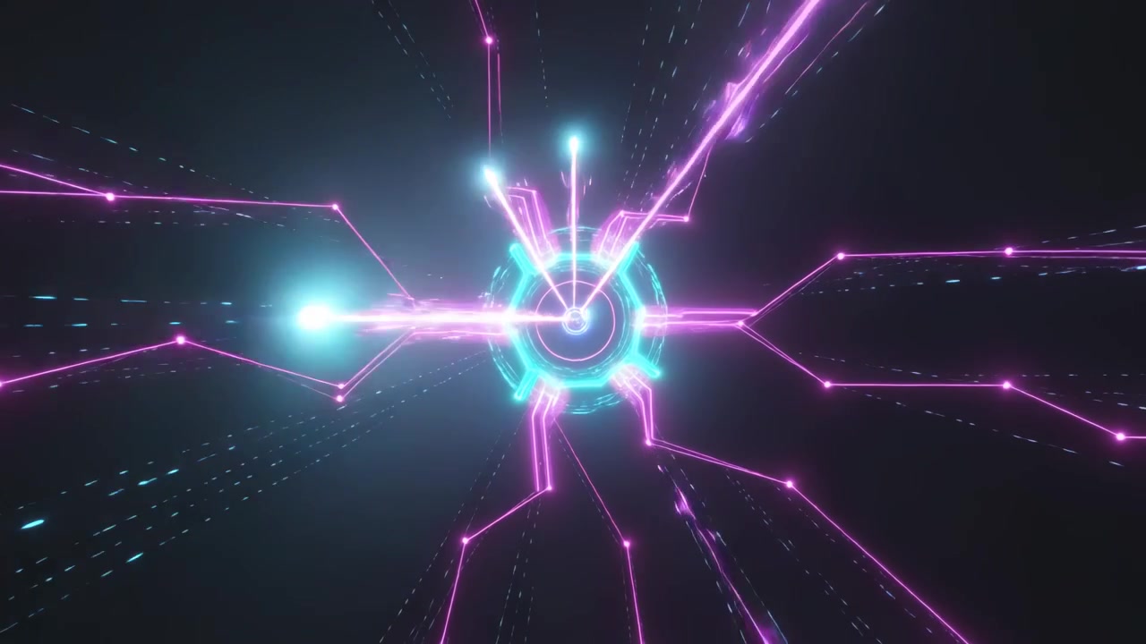 Energizing magenta conduits, sending purple arcs striking cyan-blue core in neon void, powering hub