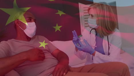 Animación-De-La-Bandera-De-China-Sobre-Una-Doctora-Caucásica-Hablando-Con-Un-Paciente