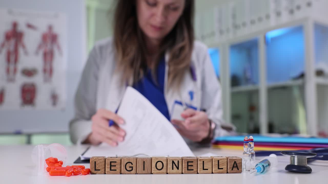 Palabra legionella en cubos de madera con medicamentos y un estetoscopio.