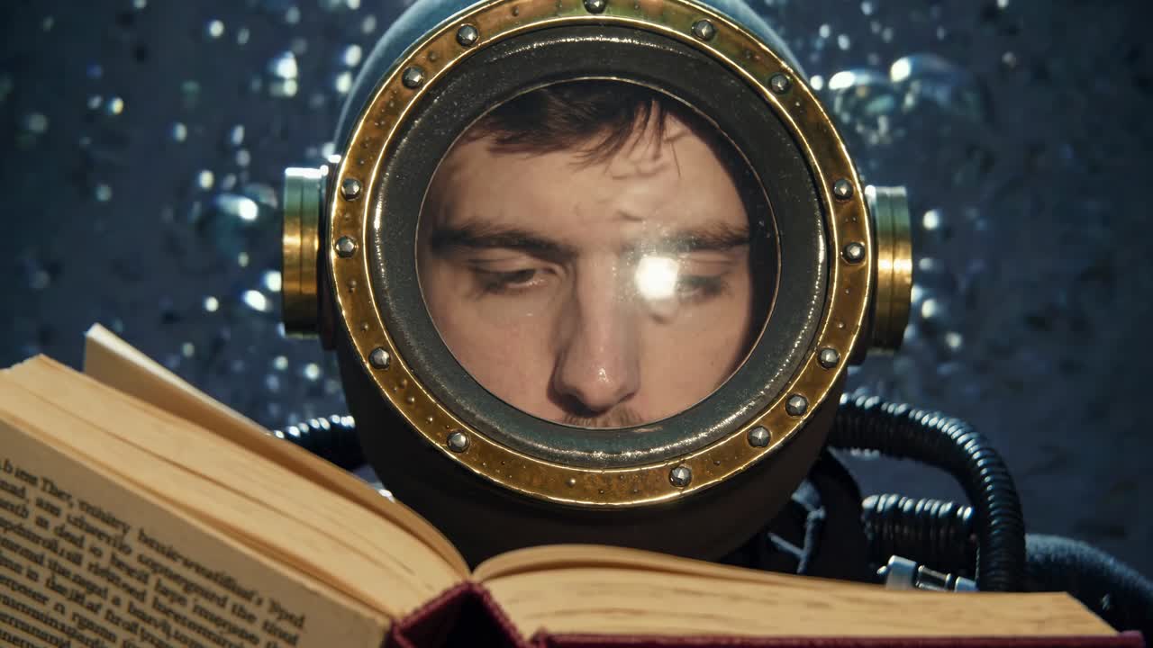 Man Reading a Book in a Diving Helmet