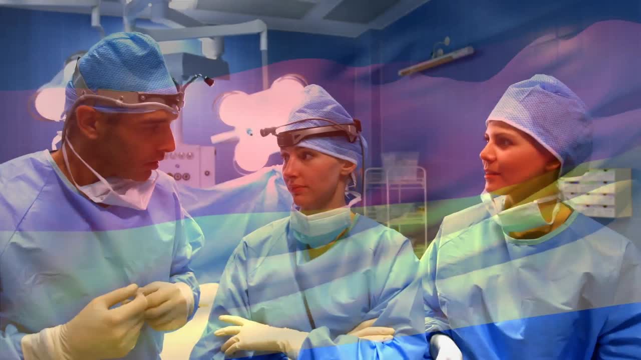 animación de la bandera de alemania ondeando sobre los cirujanos en el quirófano