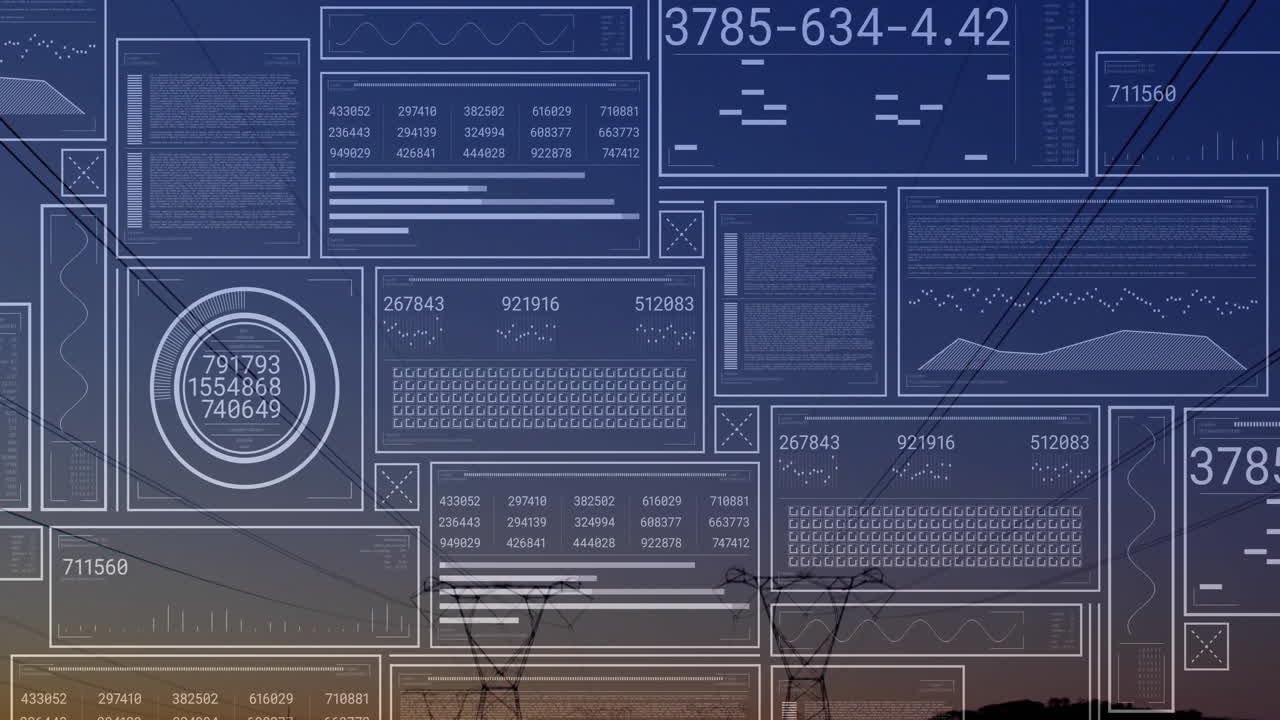 Animation of digital data overlaying power lines against sunset sky backdrop