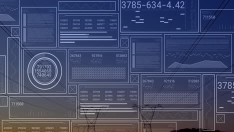 animation of digital data overlaying power lines against sunset sky backdrop