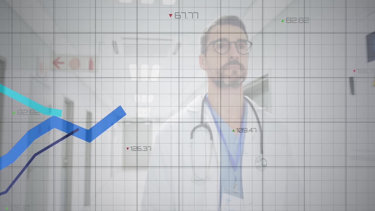 male doctor monitoring data in hospital corridor, with animated grid, line charts, numeric labels