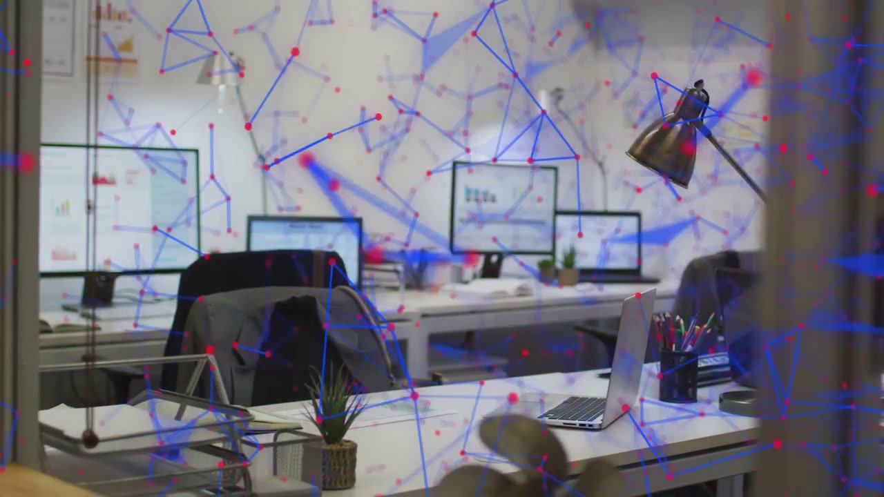 On signal, network overlay over desk forming nodes or lines, drifting, fading, showing connectivity
