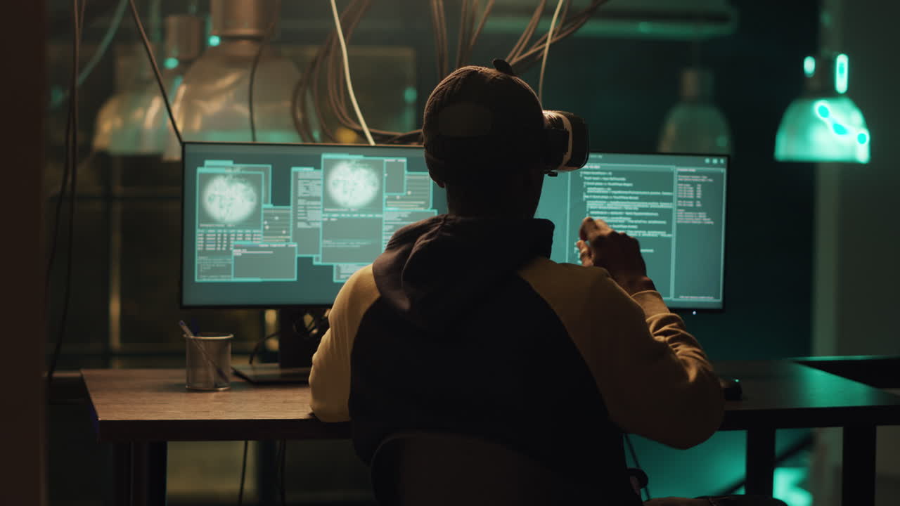 Hacker using VR to code