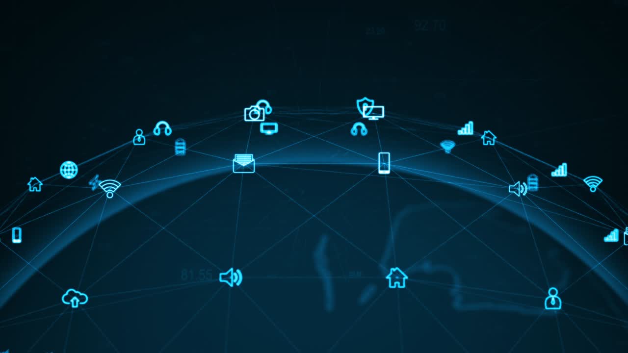 Motion graphic of Blue technology icon and earth sphere futuristic elements abstract background