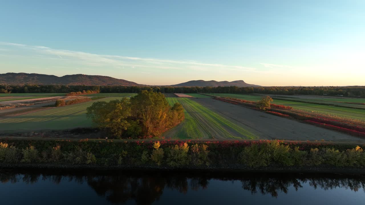 Aerial View of Agricultural Fields at Sunset