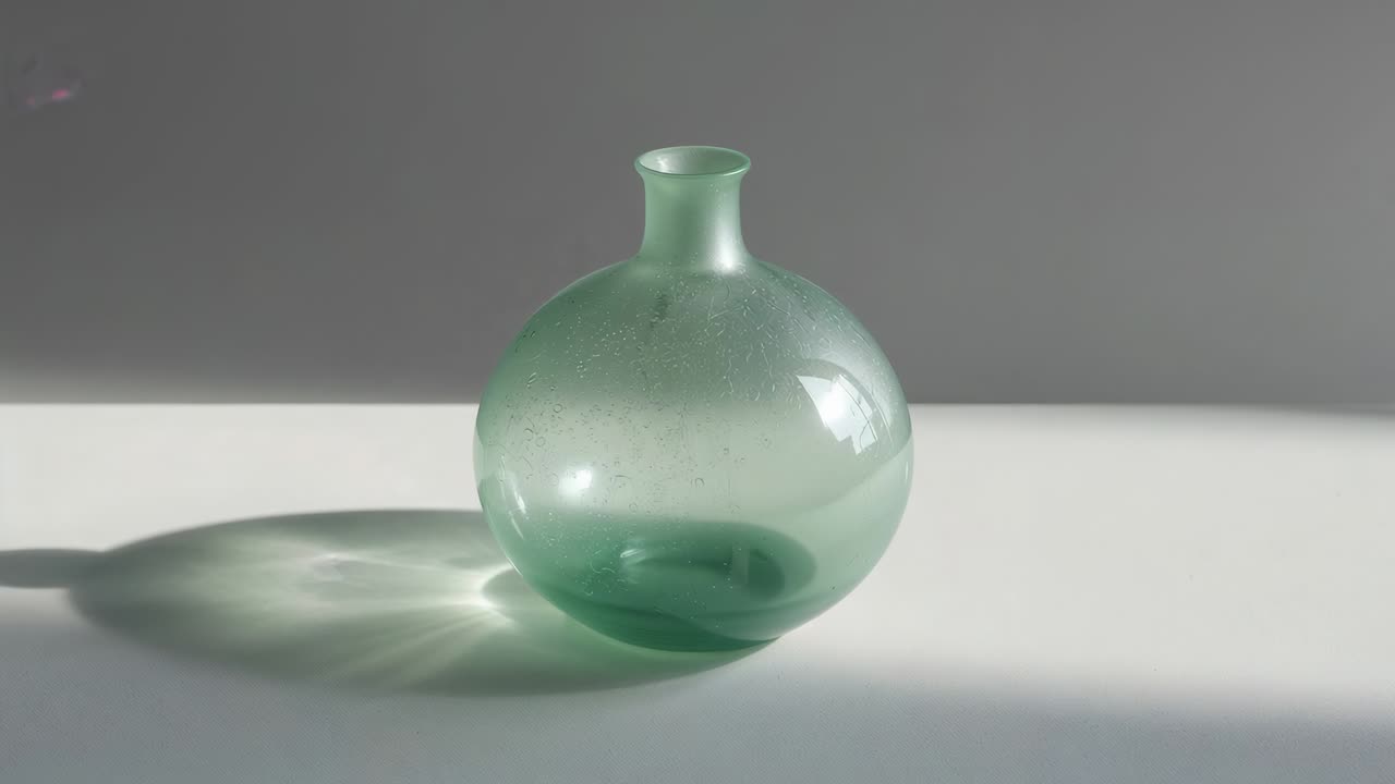 Shifting right light making glass vase show glare and caustic on white tabletop, revealing form