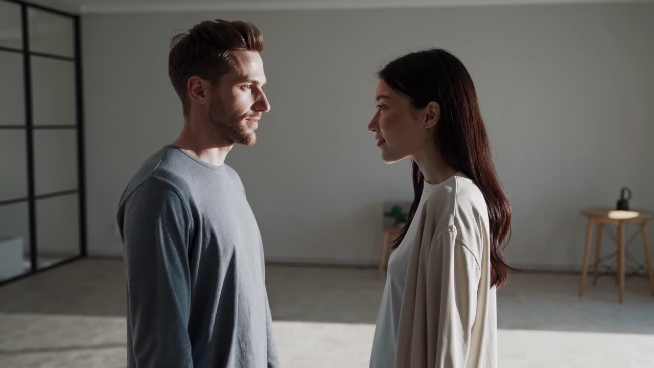 Young couple stands facing each other, engaged in a quiet conversation in the comforting ambiance of their new, minimalist apartment, sunlight streaming in through the window